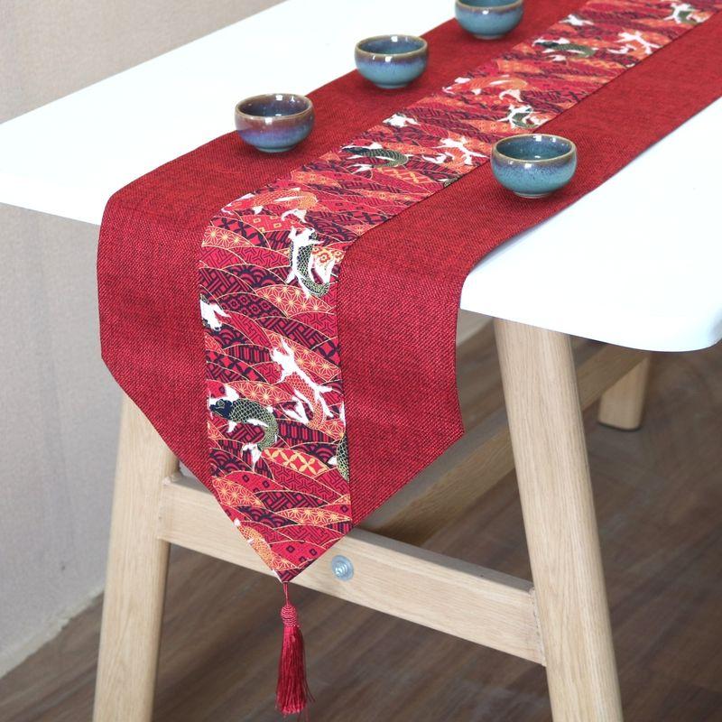 

Chinese Wedding Gift Wedding Table Fabric Tea Mat Festive Red Table Runner New Year Chinese Style Cotton Linen Retro Long Strip Red Koi Triangle 120x32cm