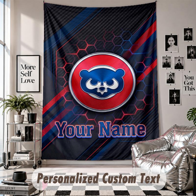 Wall Hanging Tapestry With Custom Name & Text, Chicago Cubs Decorative Tapestry For Bedroom