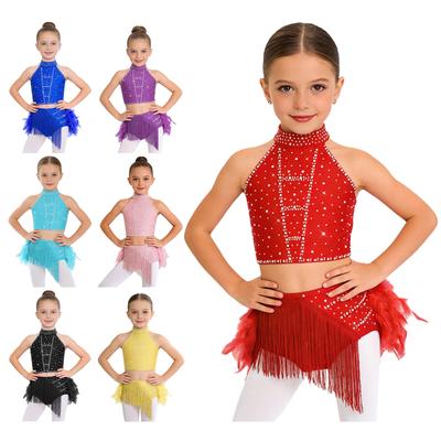 Kids Girls Latin Dance Outfit Halter Sleeveless Strappy Back Crop Top with Elastic Waistband Tassels Feather Skirt for Samba Rumba Cha-Cha