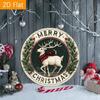 2D Flat Metal Christmas Wall Sign, 8x8 Inch Round Deer & Wreath Design, Dark Green & Gold Holiday Decor for Home, Cafe, Kitchen, Durable Tin