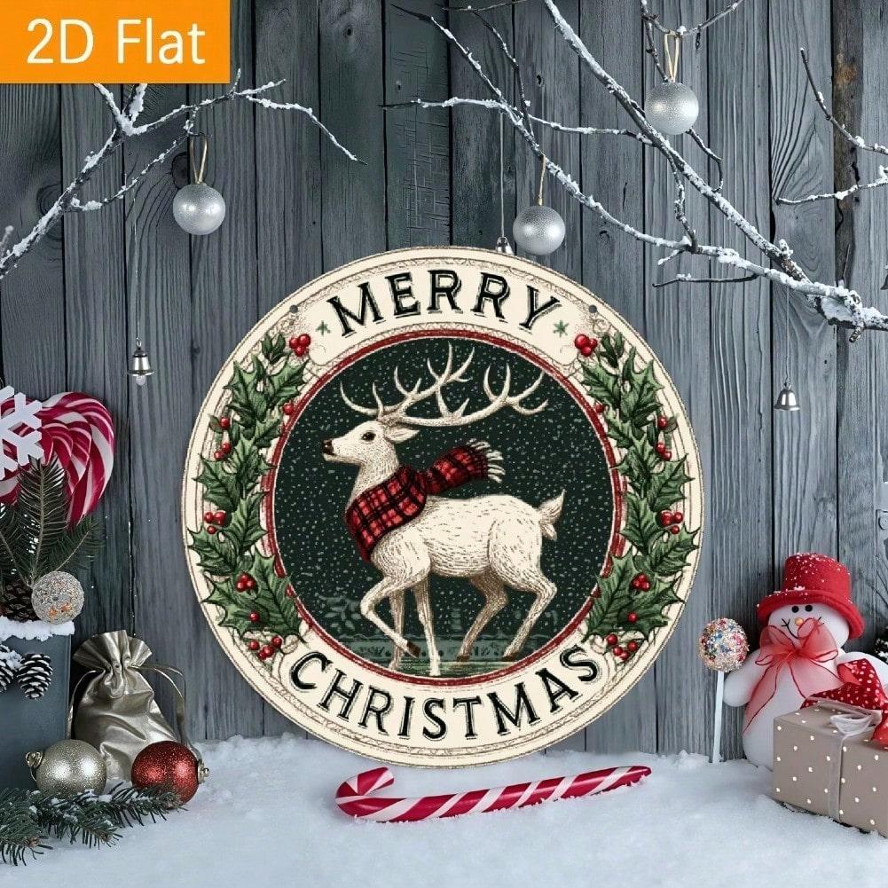 2D Flat Metal Christmas Wall Sign, 8x8 Inch Round Deer & Wreath Design, Dark Green & Gold Holiday Decor for Home, Cafe, Kitchen, Durable Tin