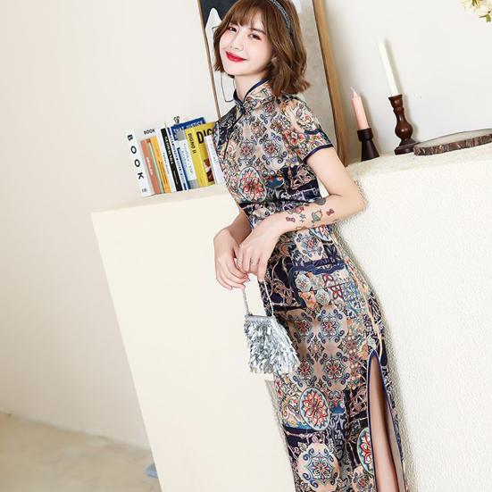 Lady Petticoats Plus Size Women Cheongsam Floral Print Slim Short Sleeve Splits Midi Dress for Party