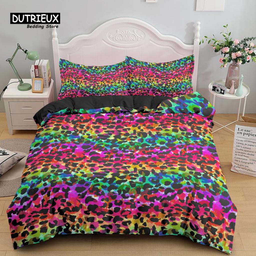 Colorful Leopard Print Bedding Set Microfiber Animal Skin Pattern Print Duvet Cover For Teens Adults Pillowcases Bedroom Decor
