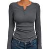 Women's Ribbed Henley Button Long Sleeve Cropped Slim Fit Casual Basic Tee Top
