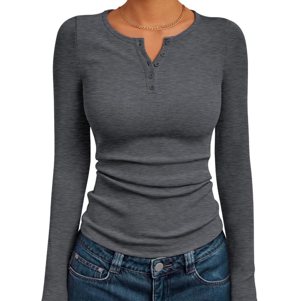 Women's Ribbed Henley Button Long Sleeve Cropped Slim Fit Casual Basic Tee Top