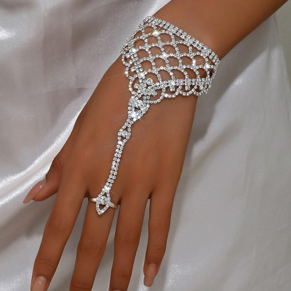 Versatile Rhinestone Hand Chain Temperament Finger Chain Ring Bracelet for Weddings