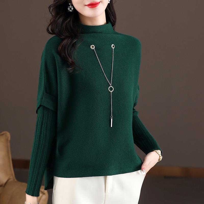 Semi-turtleneck Knitted Bottoming Shirt Women's Spring and Autumn Models New Long-sleeved Splicing Fake Two-piece Top Short Sweater