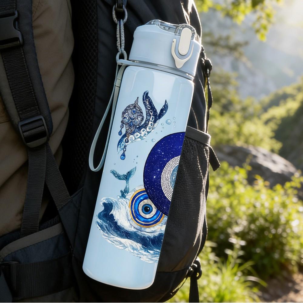 1PC Evil Eye Blue Ornate Amulet Print 750ml Color Plastic Sports Water Bottle Leakproof Flip Straw Lid Suitable for Sports Office Home Use