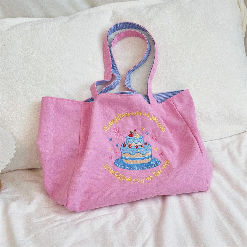 

Stylish Embroidered Canvas Tote Bag For College Students In Pink And Blue