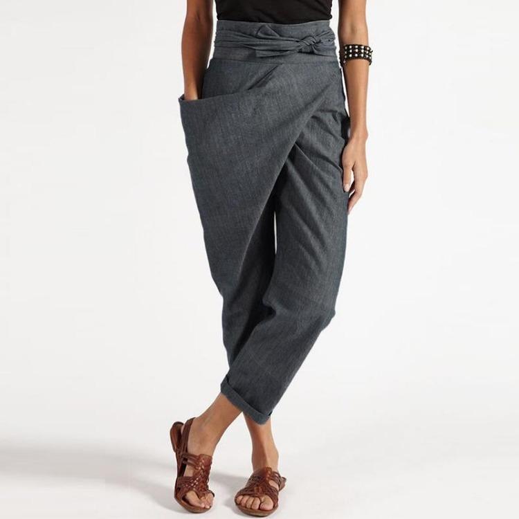 

High Waist Harem Pants Autumn Women Casual Loose Trousers Solid Color Wrap S серый