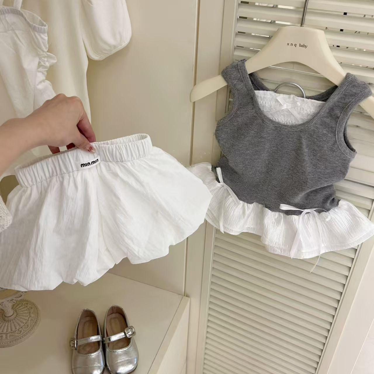 Girls Summer Sweet Lace Trim Vest And Bud Shorts Two Piece Set Children Fashion Casual Outfit 80cm