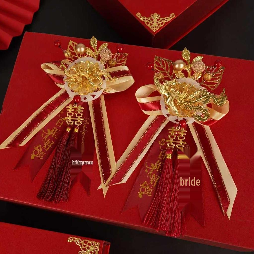 Dragon Phoenix Wedding Boutonniere & Bouquet Set for Groom and Bride - Elegant Full Set