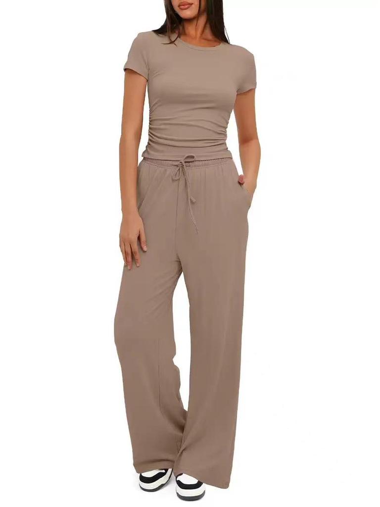 2026 European & American Women's Two-Piece Casual Set: Ruffled Short-Sleeve Top & Wide-Leg Pants