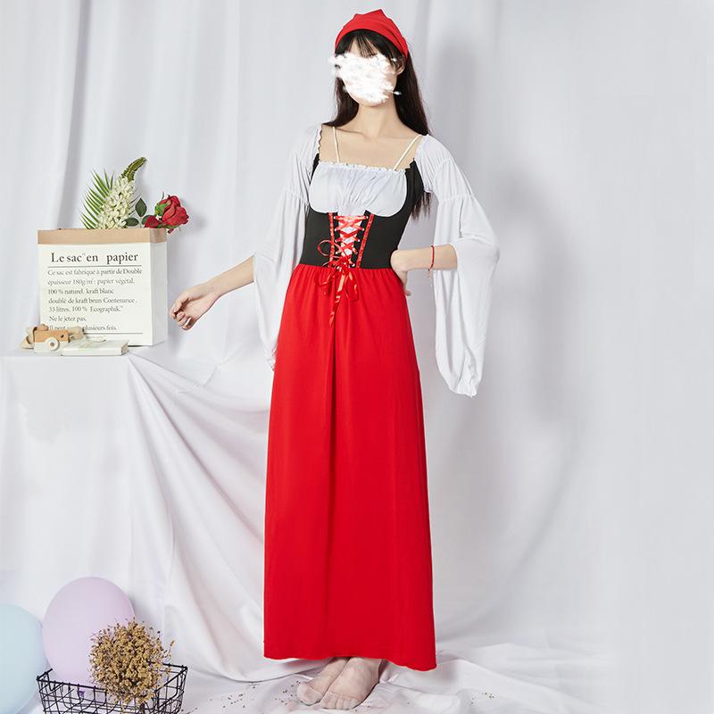 Women's Oktoberfest Costume Maid Skinny Long Dress Long Red Dress Stage Performance Clothing