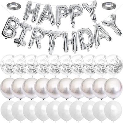 Pearlescent White Metal Silver Latex Balloon Decorative Set Happy Birthday Aluminum Film Balloon Silver Confetti Birthday Party