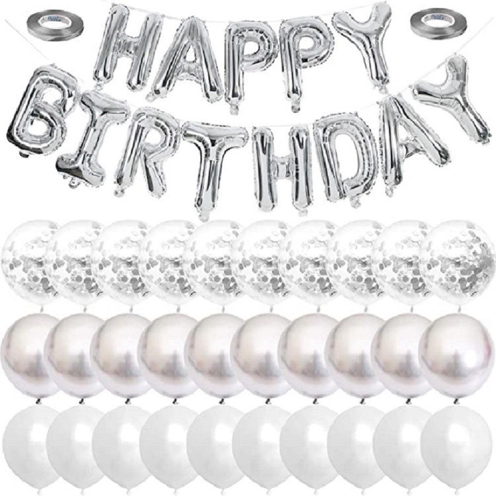 

Pearlescent White Metal Silver Latex Balloon Decorative Set Happy Birthday Aluminum Film Balloon Silver Confetti Birthday Party Metal silver birthday