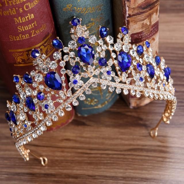 Luxury Gold Color Red Rhinestone Bridal Tiaras Crown Vintage Baroque Crystal Diadem For Bride Headbands Wedding Hair Accessories
