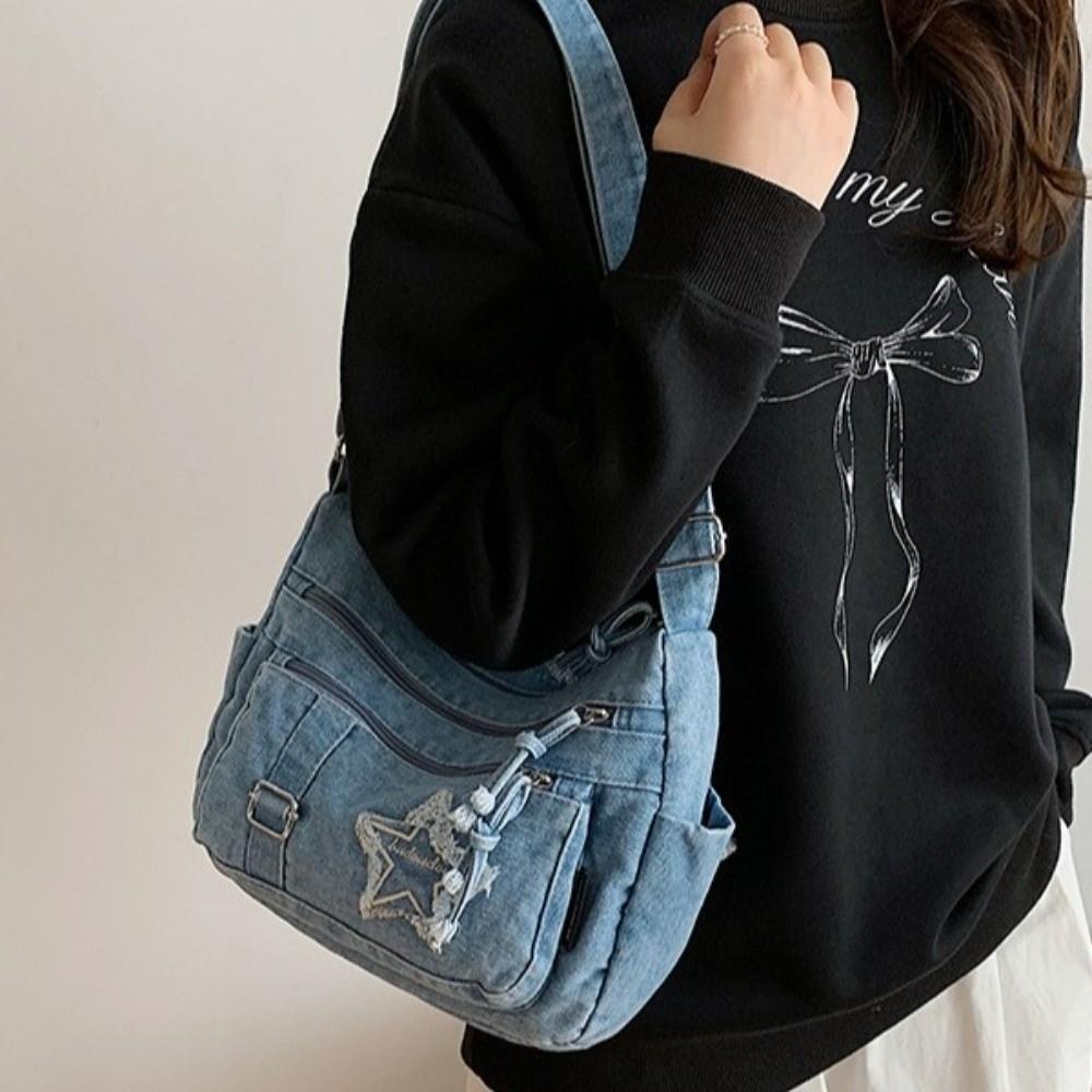 Vielseitige Strapazierfähige Jeans-Umhängetasche Große Kapazität Mehrere Taschen Umhängetasche Verstellbarer Gurt Reisetasche Tägliches Pendeln