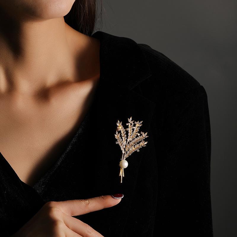 Bo Xin Yun Zircon Wheat Ear Brooch Pearl Corsage Coat Shirt Pin Accessory Gift