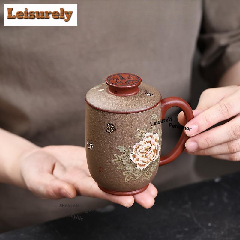 111ml Yixing Handmade Purple Clay Peony Coffee Mug Couple Handgrip Cups Afternoon Tea Mug Office Water Cup Tea Services Gift