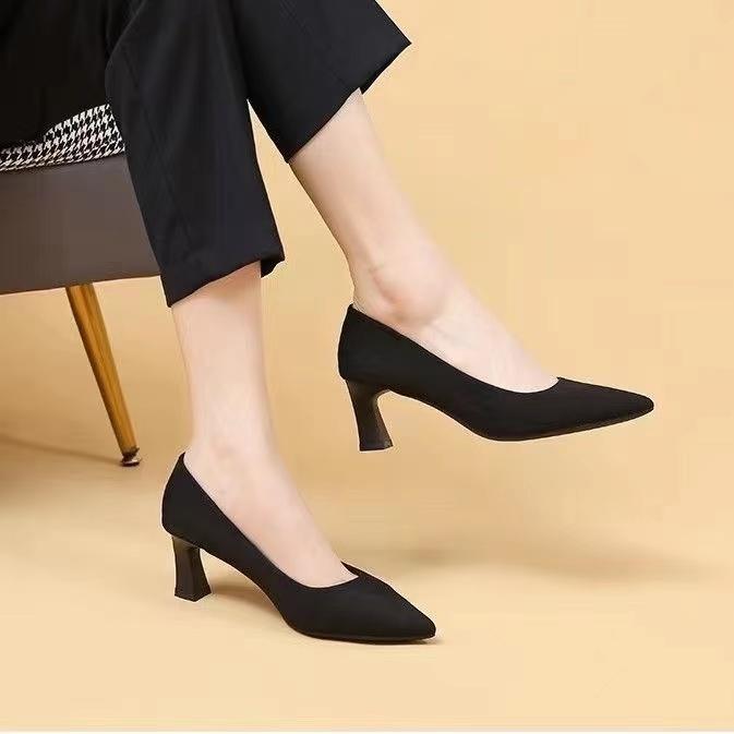 Flock Medium Heels Pumps Shoes for Women 2025 New Spring Thin Heel  Shoe Female Plus Size 43 Versatile Pointed Toe Shoes
