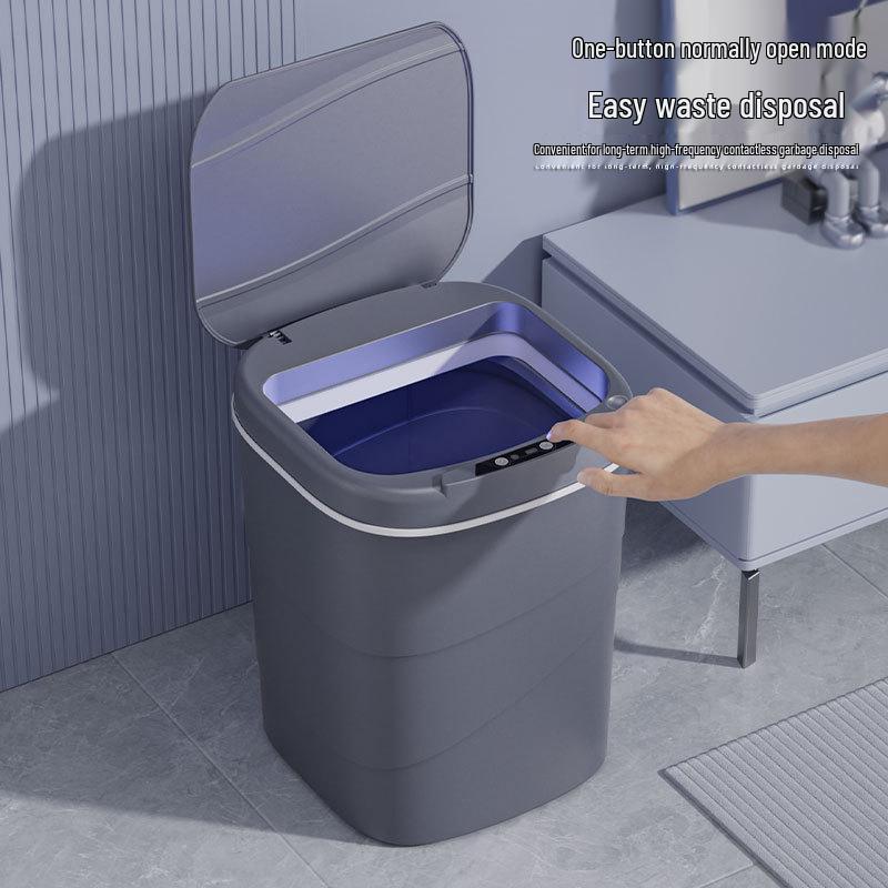 2026 Smart Sensor Trash Can: 14L with Blue Light Night Light, Press Ring Flip Lid & Spiral Pattern.