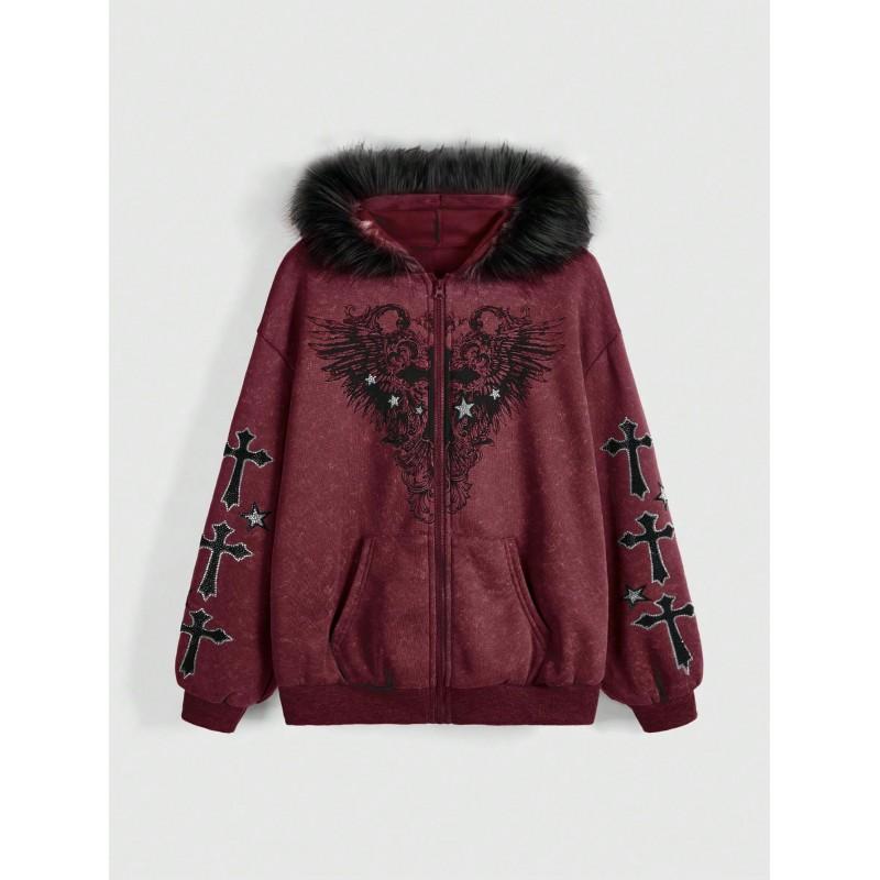 Womens Gothic Style Hooded Zip-Up Sweatshirt With Cross Wing Print Fleece Lined Collar Fall Winter Streetwear