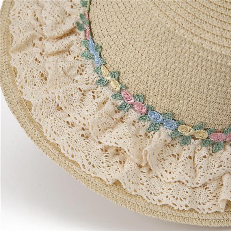 French Lolita Lace Straw Hat Women'S Summer Big Brim Shade Flat Top Top Hat Seaside Beach Shade