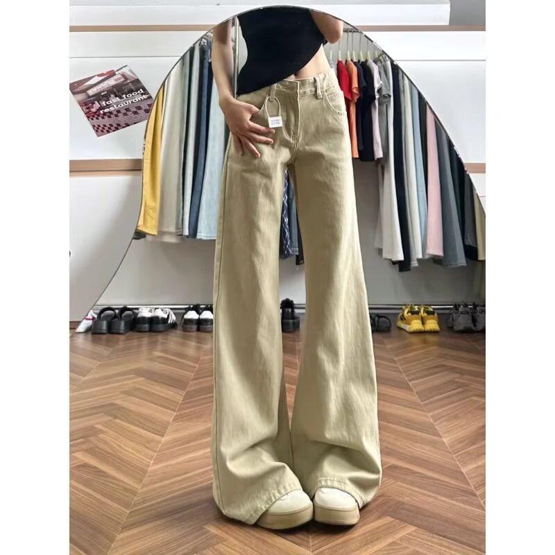 Women's High Rise Flare Jeans Loose Fit Solid Khaki Washed Thin Denim Wide Leg Long Trousers American Retro Casual Style