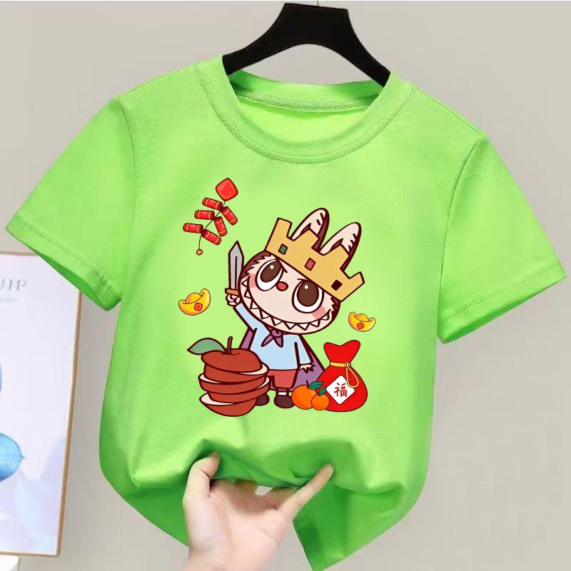 Happy New Year 2025 Cartoon Labubu Cute Printed Children's T-shirt Round Neck Girls' Top Multiple Sizes