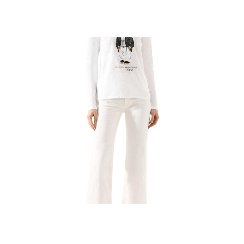 Polo Ralph Lauren SS24 Bear Pattern Crew Neck Long Sleeve Regular T-Shirt Women Tops White 211795418-001