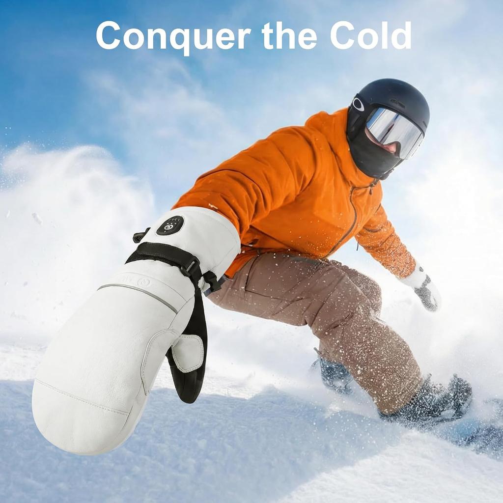 SAVIOR HEAT Heated Ski Mittens 3.0 for Men Women, 3000mAh Rechargeable Battery Electric Leather Gloves, Waterproof 3M Thinsulate Extreme Cold Winter