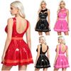 S-3XL Damen Glänzendes PU Bodycon Kleid Rückenfrei Frontaussparung Push-up BH Netzstoff-Patchwork Falten Saum Mini für Nachtclub Kleidung