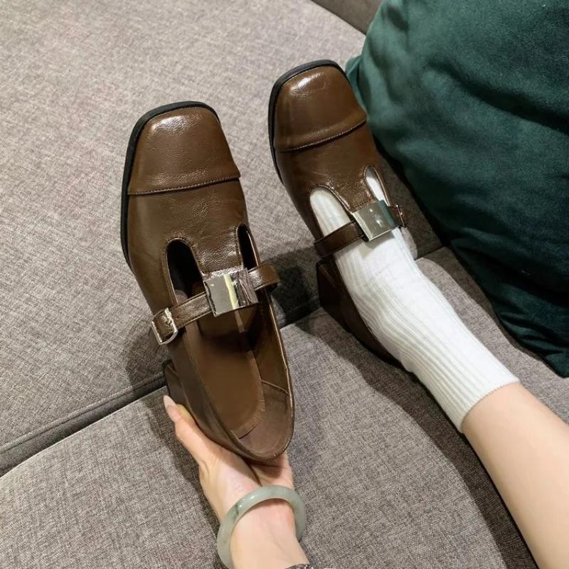 Women's Fashion Thick Heel Shoes Fall New Square Head in The Mouth Metal Buckle Anti-slip Wear-resistant Low-top Shoes