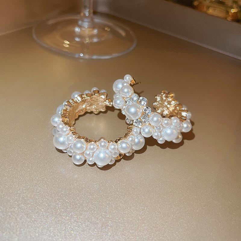 Silver Needle Diamond Pearl C-Shaped Earrings French Retro Premium Temperament Earrings Personality Light Luxury Earrings Women