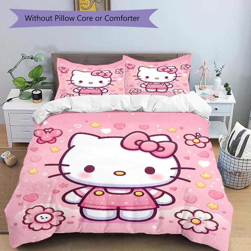3pcs Hello Kitty's Sweet Adventure Printed Bedding Set, Soft and Comfortable Quilt Cover for Bedroom, Guest Room (1 Duvet Cover + 2 Pillowca