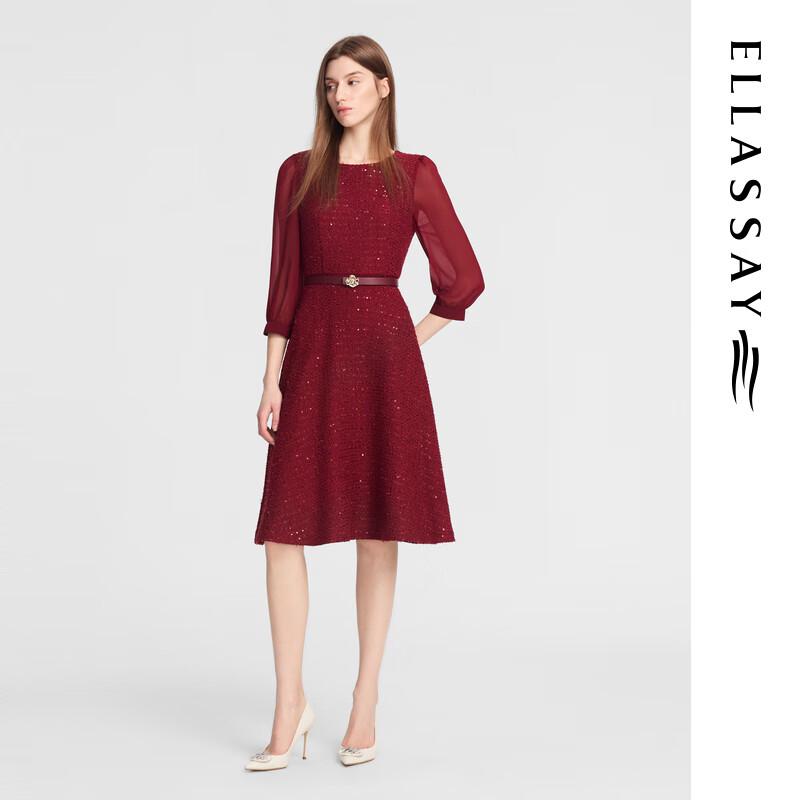 

ELLASSAY Elegant Wine Red Round Neck Belted Midi Dress XS