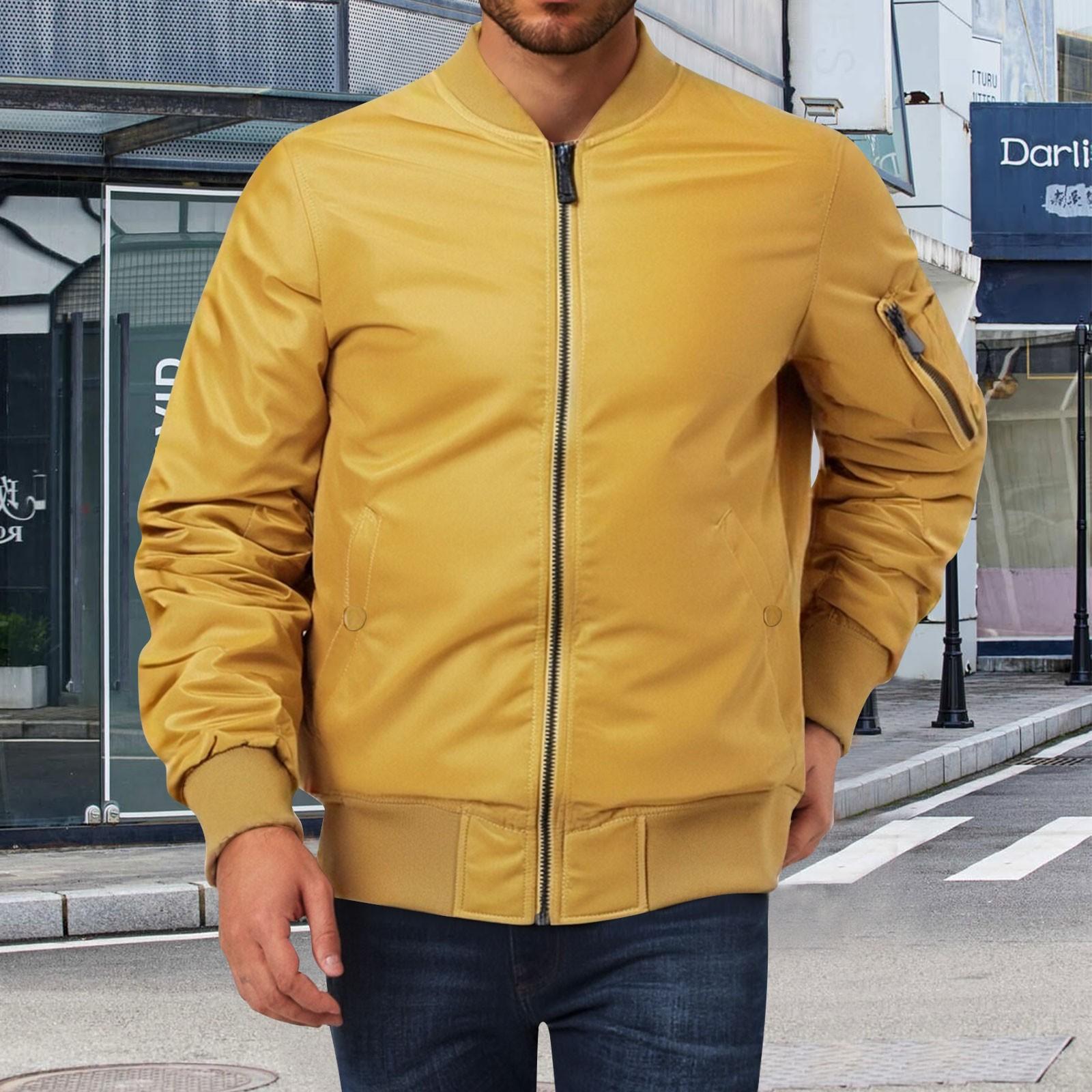 

Мужская премиальная хлопковая винтажная куртка с воротником-стойкой, на молнии, однотонная, свободного кроя - Летная и бейсбольная XL жёлтый