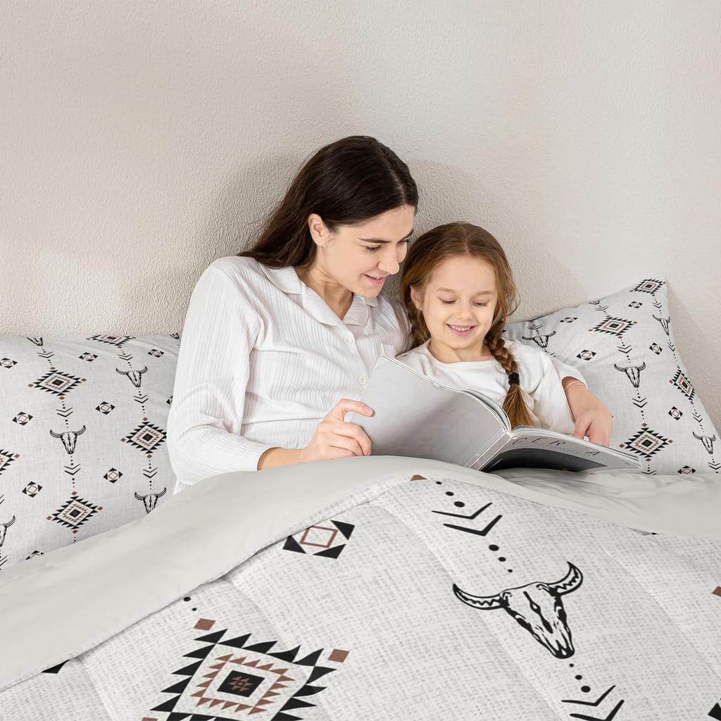 Erosebridal Western Aztec Comforter Set King Size, Boho Farmhouse Bedding Set for Kids Boys Teens Ethnic Southwest Bull Skull Cow Quilt Amer