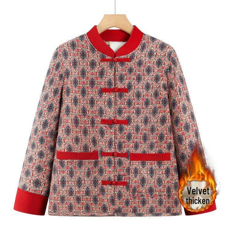 Chinese Style Velvet Cotton Jacket for Middle-Aged and Elderly Women - Retro Autumn/Winter Warm Outerwear