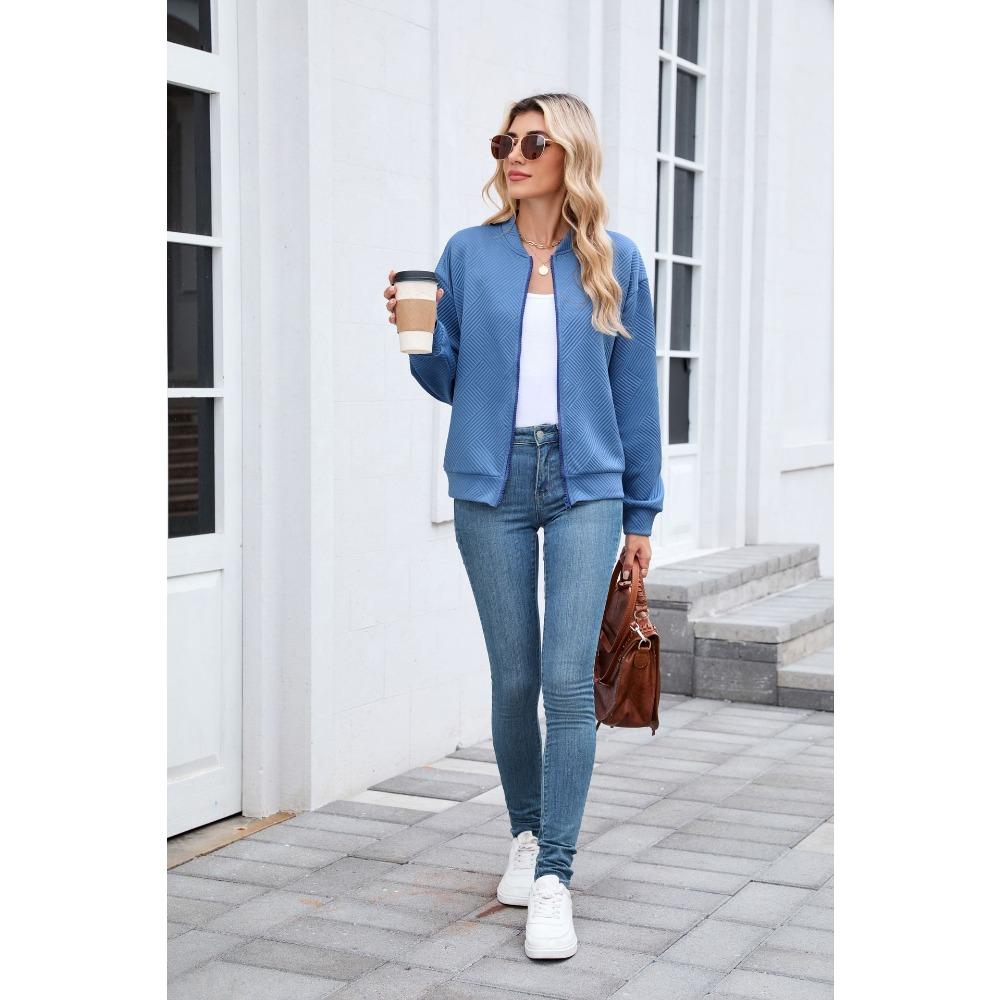 Women's Long-Sleeve Jacket Fall/Winter Solid Color Crew Neck Zipper Loose-Fit Long-Sleeve Sweatshirt Women's Baseball Jacket