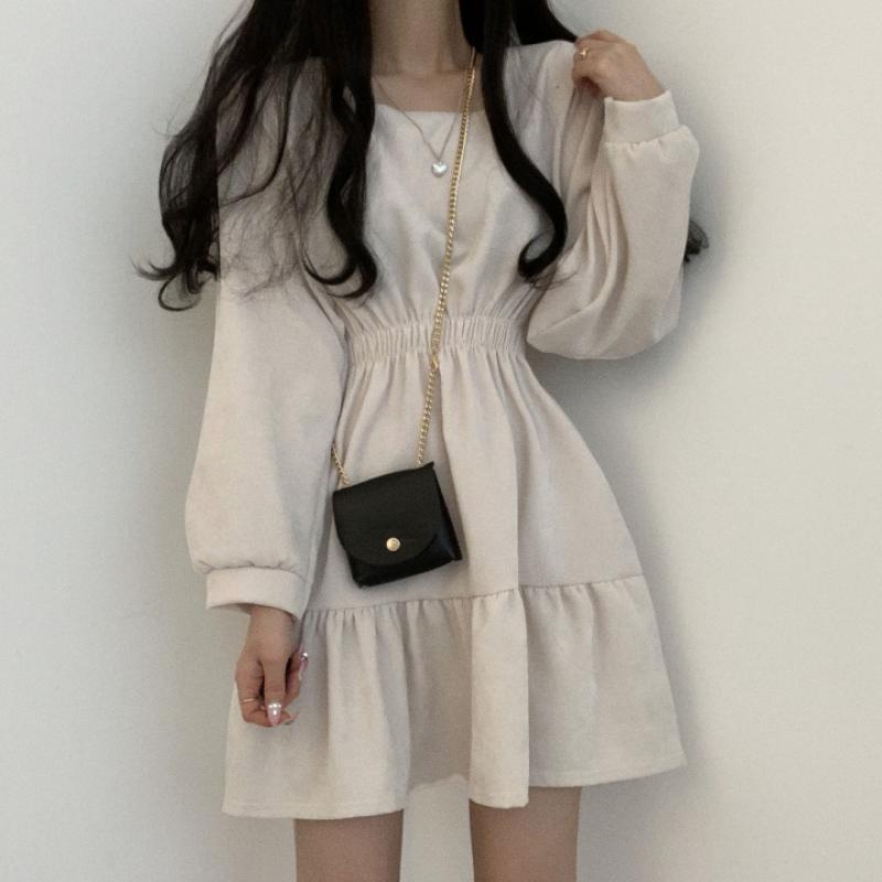 

Літня сукня з високою талією, вінтажна коротка дівчина, вулична сукня з квадратним коміром у корейському стилі, вільна посадка, підліткова літня сукня S абрикосовий