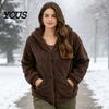 Soft Plush Outerwear Women Oversized Fleece Jacket, Warm Casual Hooded Coat with Solid Color Pockets, Long Sleeve Zip-Up Hoodie for Fall Winter