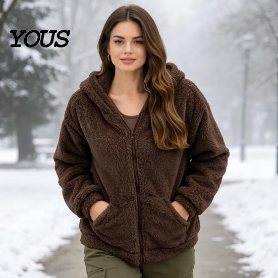 Soft Plush Outerwear Women Oversized Fleece Jacket, Warm Casual Hooded Coat with Solid Color Pockets, Long Sleeve Zip-Up Hoodie for Fall Winter