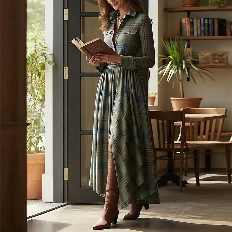 2026 Womens French Chic Midi To Maxi Dress High-Waisted A-Line With Asymmetrical Hem Striped Or Plaid Print Long Sleeve