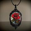 Charming Oval Glass Pendant Necklace - Red Rose In Vintage Black Frame