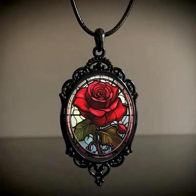 Charming Oval Glass Pendant Necklace - Red Rose In Vintage Black Frame