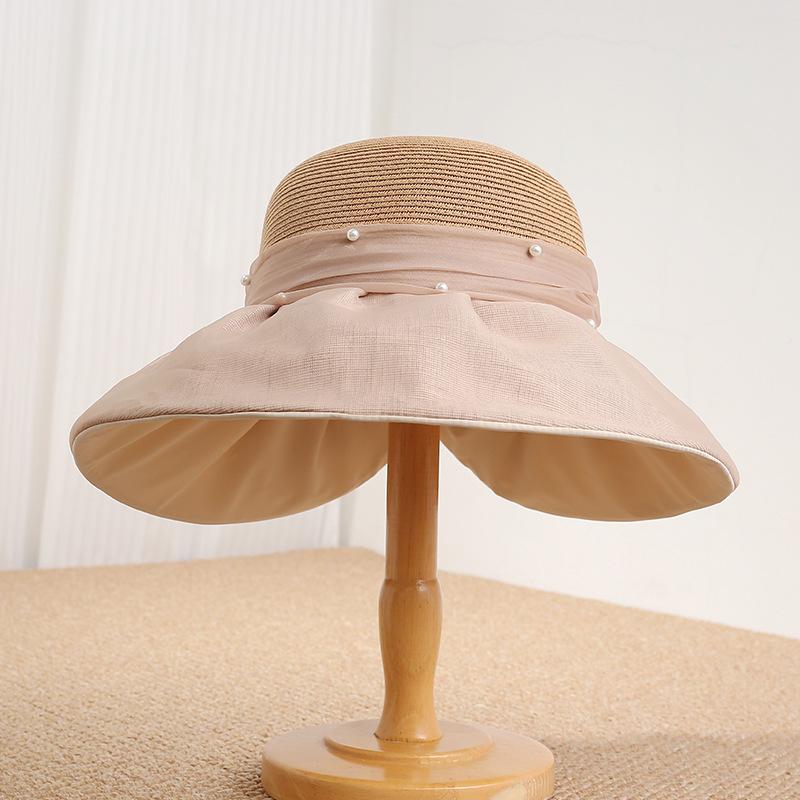 French Elegant Mesh Splicing Pearl Bow Big Eaves Straw Hat Women's Summer Sunscreen Sun Hat Show Face Small Holiday Hat