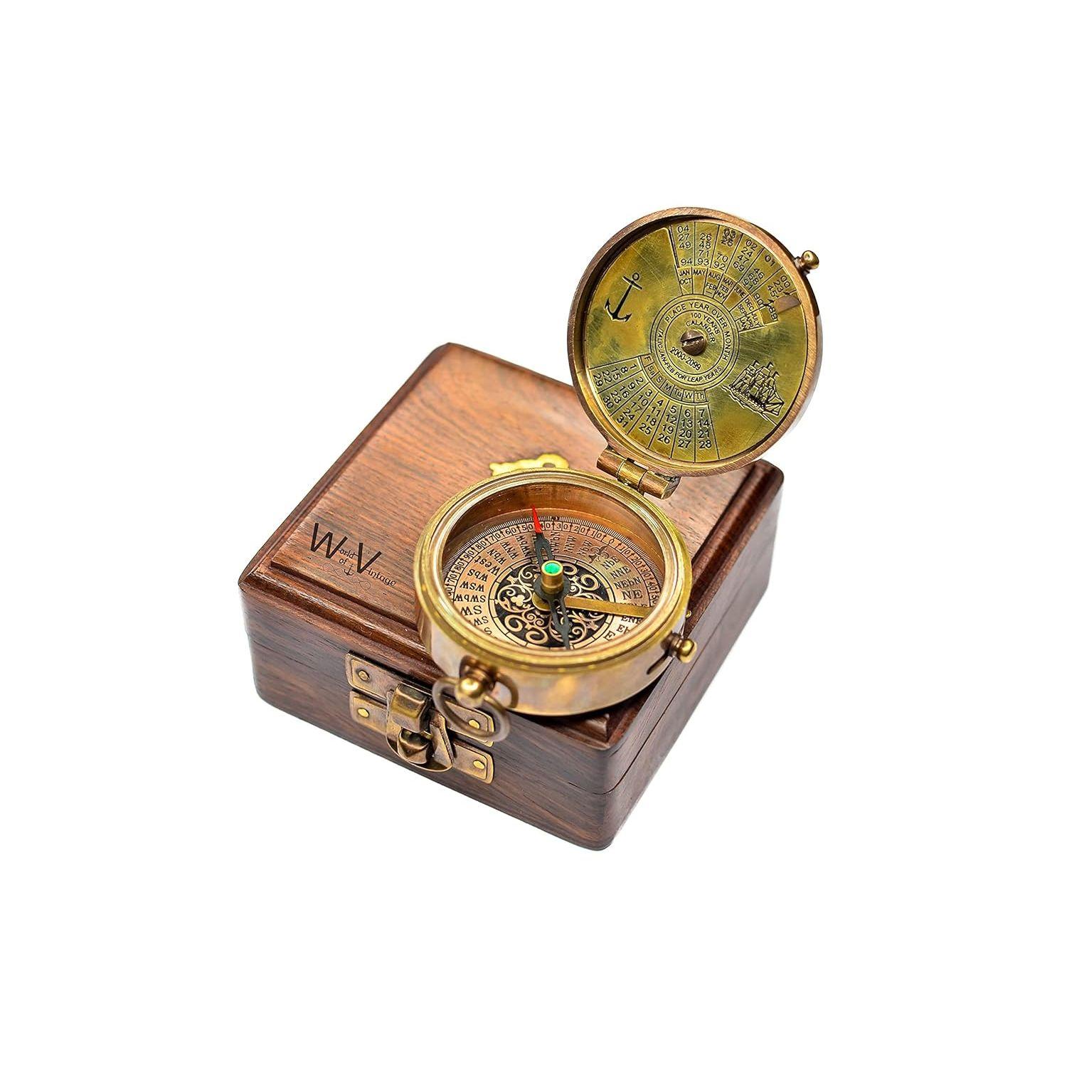 Antique Brass Pocket Compass with Wooden Box