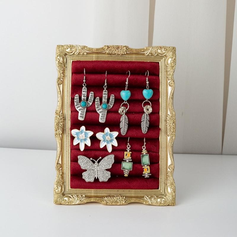 Suporte de Exibição de Joias Veludado Estilo Porta-Retrato Vintage Para Anéis Brincos e Pequenos Acessórios Com Múltiplas Opções de Cor